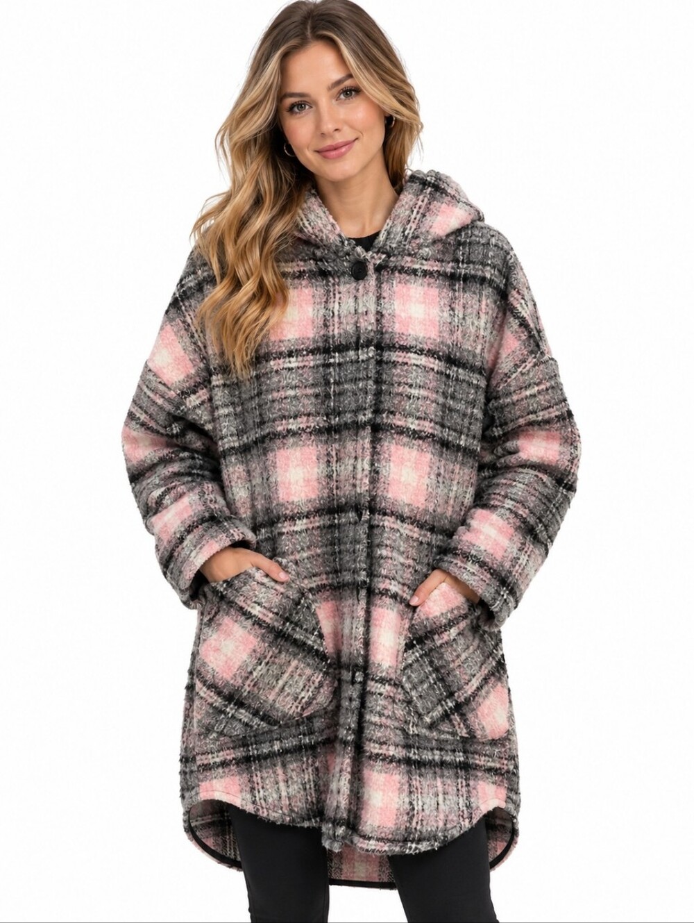 RD Style Conscious Plaid Hooded Coat Pink Grey Black Size S
